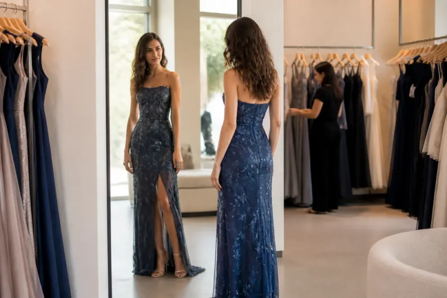 Cliente essayant différentes longueurs pour choisir robe de cérémonie chic dans une boutique élégante