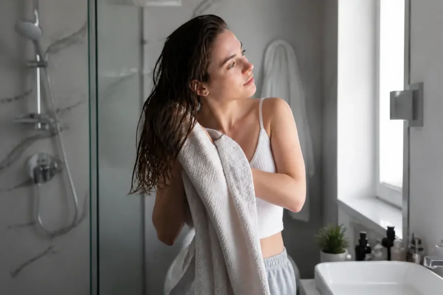 Jeune femme se préparant le matin en utilisant des astuces coiffage rapide dans sa salle de bains