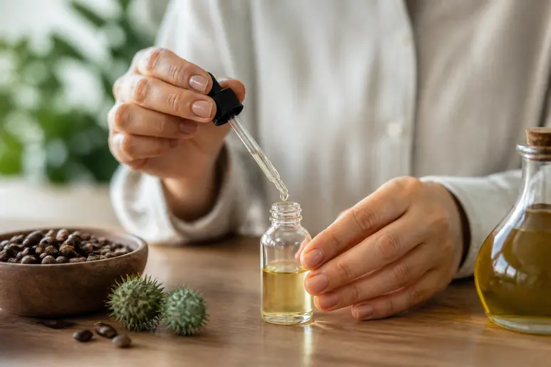 Mélange d'huile de ricin et d'huile végétale dans un flacon compte-gouttes pour application capillaire