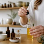 Une femme mélange des huiles végétales sur un plan de travail pour savoir comment appliquer huile de ricin efficacement.