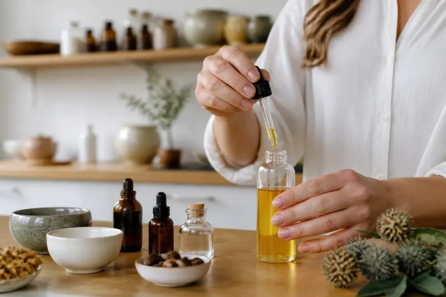 Une femme mélange des huiles végétales sur un plan de travail pour savoir comment appliquer huile de ricin efficacement.