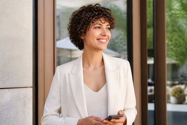 Femme présentant une coupe courte sur cheveux frisés bien structurée sans effet triangle