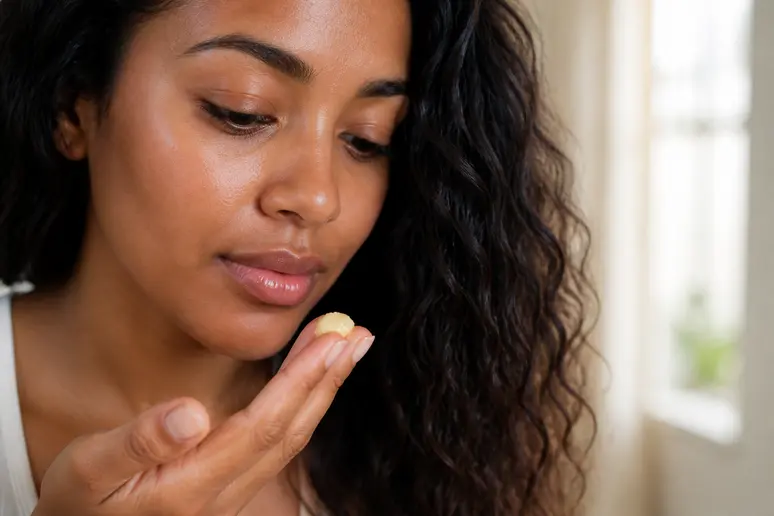 Noisette de soin capillaire sans silicone sur le bout des doigts pour cheveux ondulés.