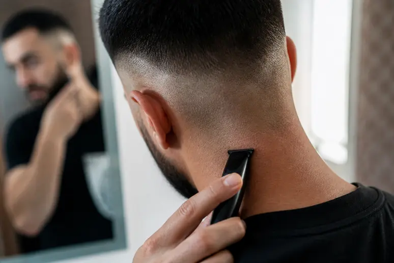 Utilisation d'une tondeuse de finition pour entretenir la nuque du dégradé laser.