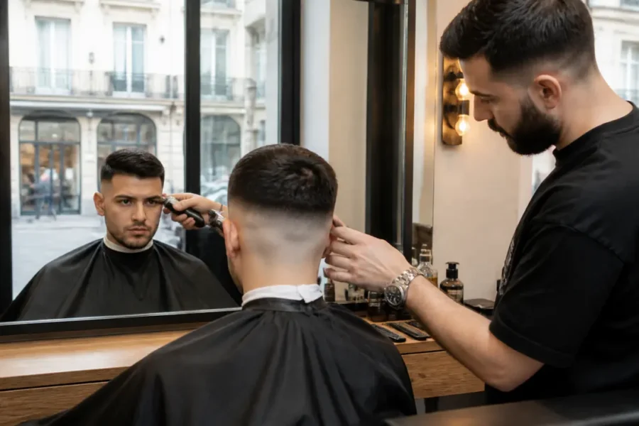 Un coiffeur professionnel réalise les finitions d'un dégradé laser homme dans un salon lumineux.