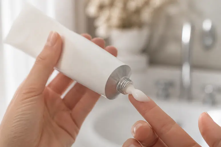 Tube de Lait-Crème Concentré Embryolisse tenu en main avec une noisette de crème sur les doigts
