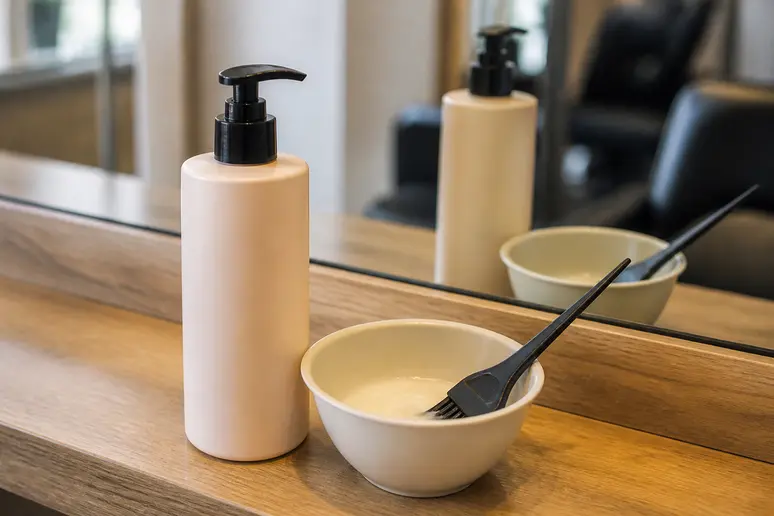 Kit de lissage enzymothérapie avec flacon et pinceau sur un comptoir de salon