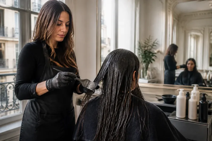 Une coiffeuse applique un soin de lissage enzymothérapie sur les cheveux d'une cliente en salon.