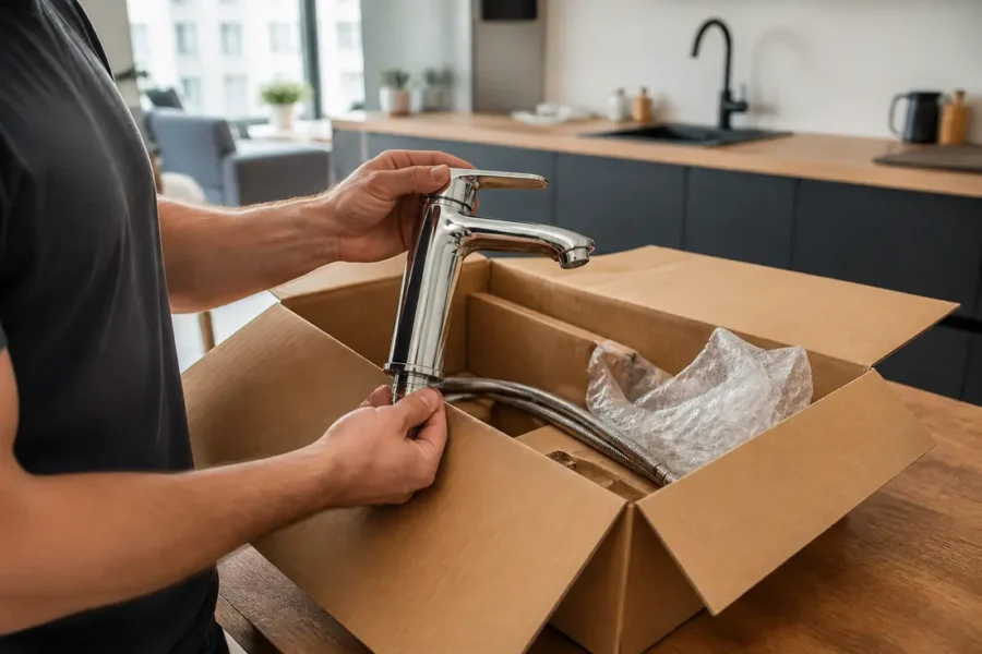 Déballage d'un robinet design pour un avis hudson avant achat d'équipements de salle de bains