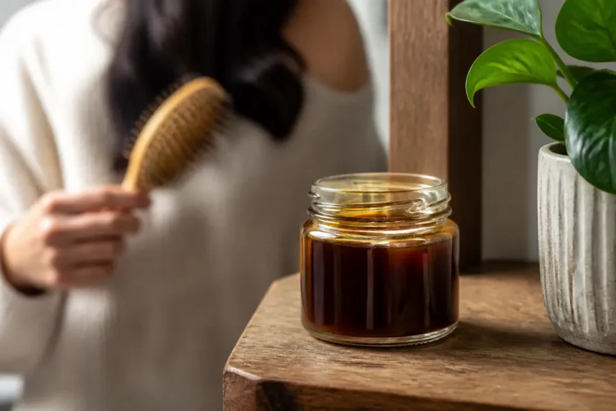 Flacon d'huile de batana avis sur une étagère en bois avec une brosse à cheveux
