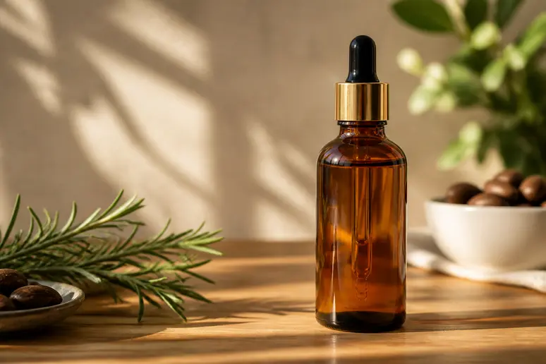 Flacon de soin capillaire nutritif posé sur une surface en bois clair avec un éclairage naturel.