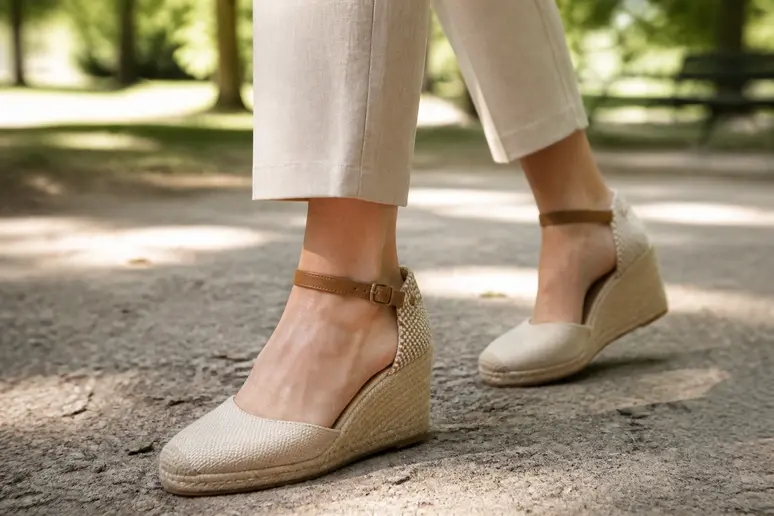 Paire d'espadrilles compensées portées avec un pantalon court pour une sortie dansante.