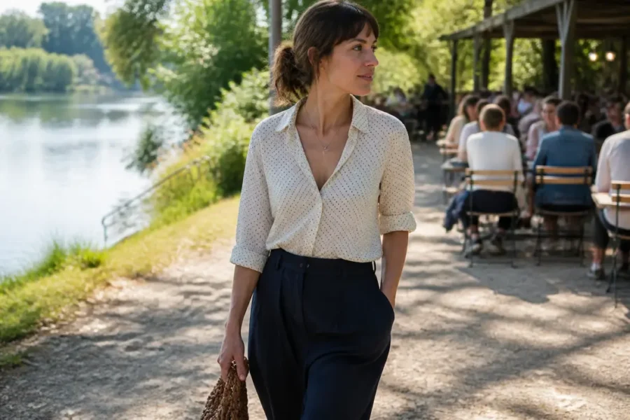 Exemple de tenues guinguette femme pantalon portées au bord de l'eau avec style rétro