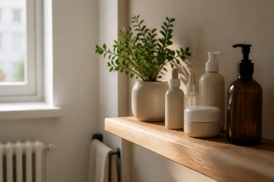 Flacons de cosmétiques naturels sur une étagère en bois pour un linae retour d'expérience.