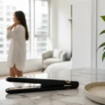 Un meilleur lisseur sans fil posé sur un meuble de salle de bain lumineux.