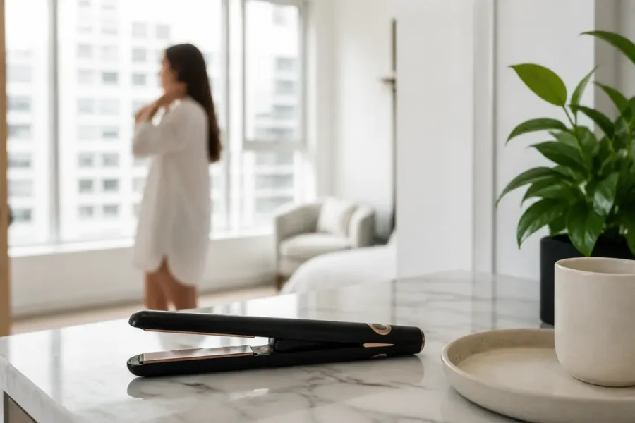 Un meilleur lisseur sans fil posé sur un meuble de salle de bain lumineux.