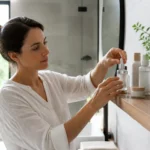 Femme organisant des flacons de soins sur une étagère lumineuse pour des monat avis fiables