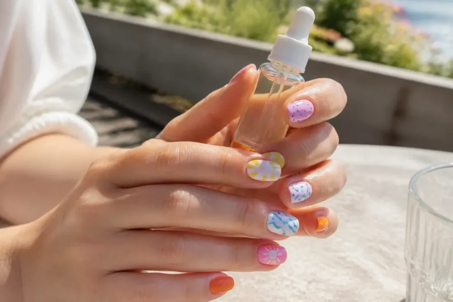 manucure soignée aux couleurs pastel illustrant les tendances nail art été sur une terrasse ensoleillée
