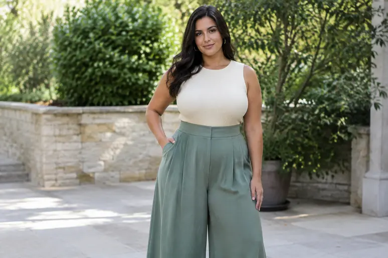 Femme ronde portant un pantalon palazzo fluide à taille haute et bien structuré