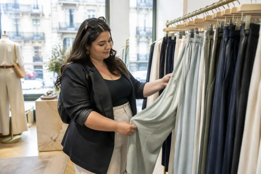 Une femme aux formes généreuses essaie un pantalon palazzo femme ronde dans une boutique élégante.