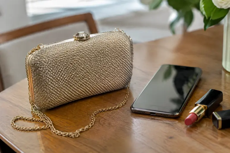 Petite pochette mariage femme posée à côté d'un grand smartphone et d'un rouge à lèvres