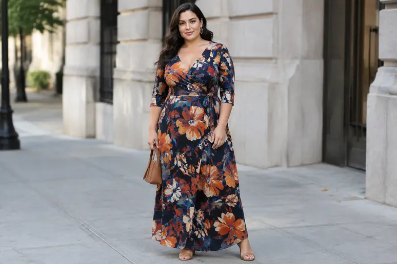 Femme ronde essayant une robe longue fluide pour comparer les coupes empire et portefeuille