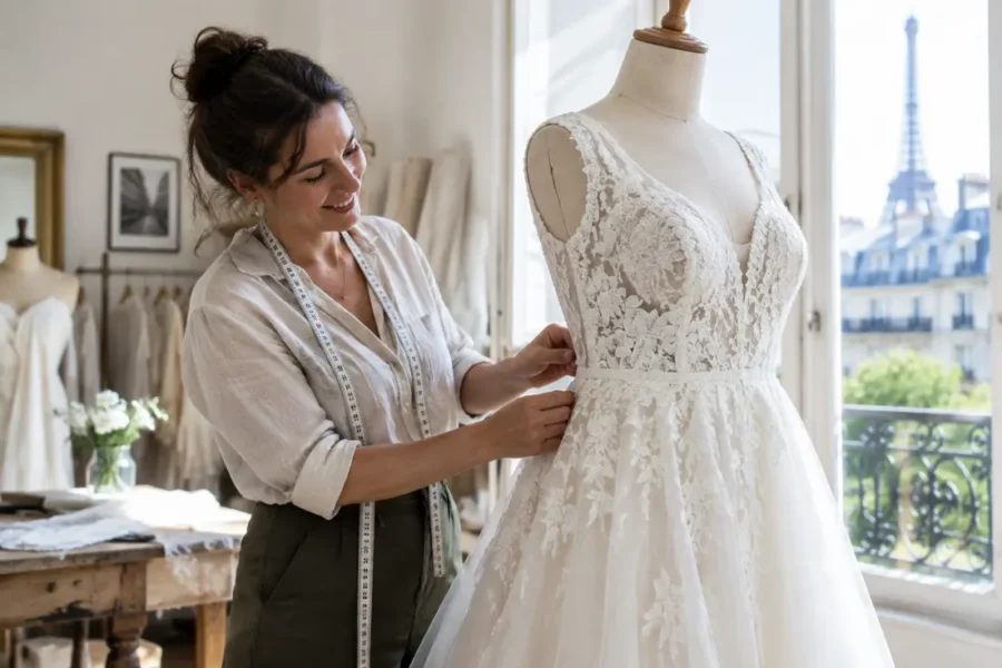 Retouche sur mesure dans un atelier pour une robe mariage grande taille élégante et raffinée