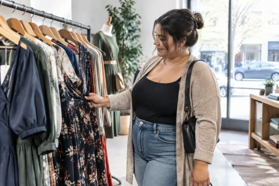 Une femme essaie une élégante robe portefeuille femme ronde dans une boutique de mode lumineuse.