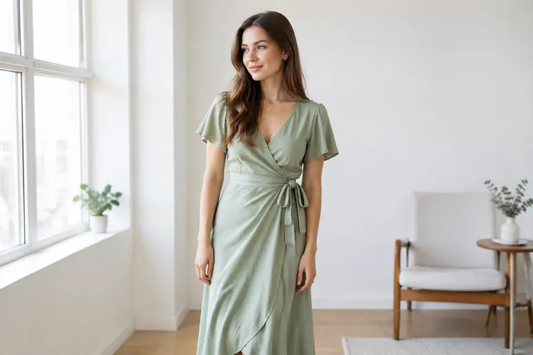 Robe portefeuille en tissu souple avec un décolleté croisé adapté à une forte poitrine.