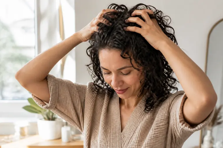 Mains effectuant le mouvement de scrunching pour remonter et définir les boucles