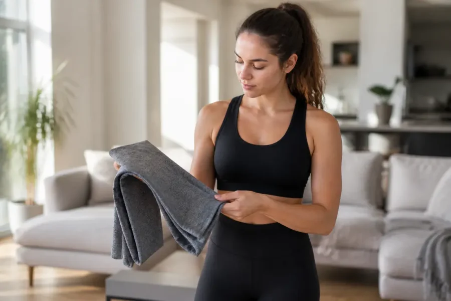 Teveo legging avis : une cliente examine la matière d'un legging de sport à son domicile