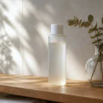 Flacon de soin exfoliant posé sur une étagère en bois avec de l'acide glycolique The Ordinary.