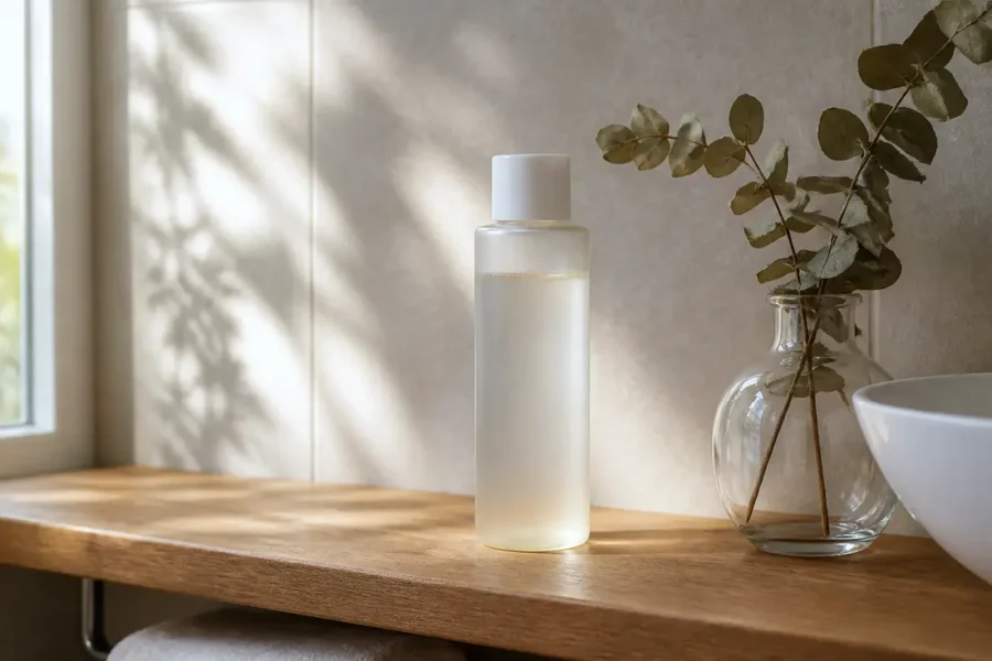 Flacon de soin exfoliant posé sur une étagère en bois avec de l'acide glycolique The Ordinary.