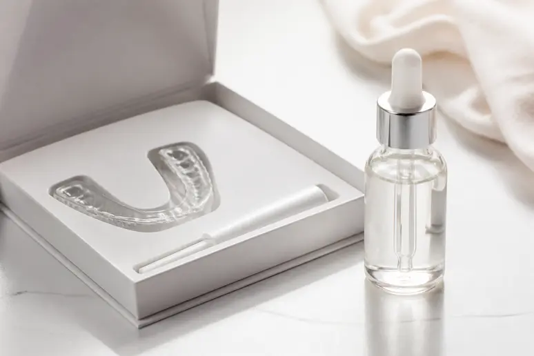 Kit LED et sérum WeSmile présentés sur une surface blanche lumineuse.