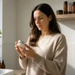 Une femme en pull beige examine des avis produits Cutrins dans une salle de bain lumineuse
