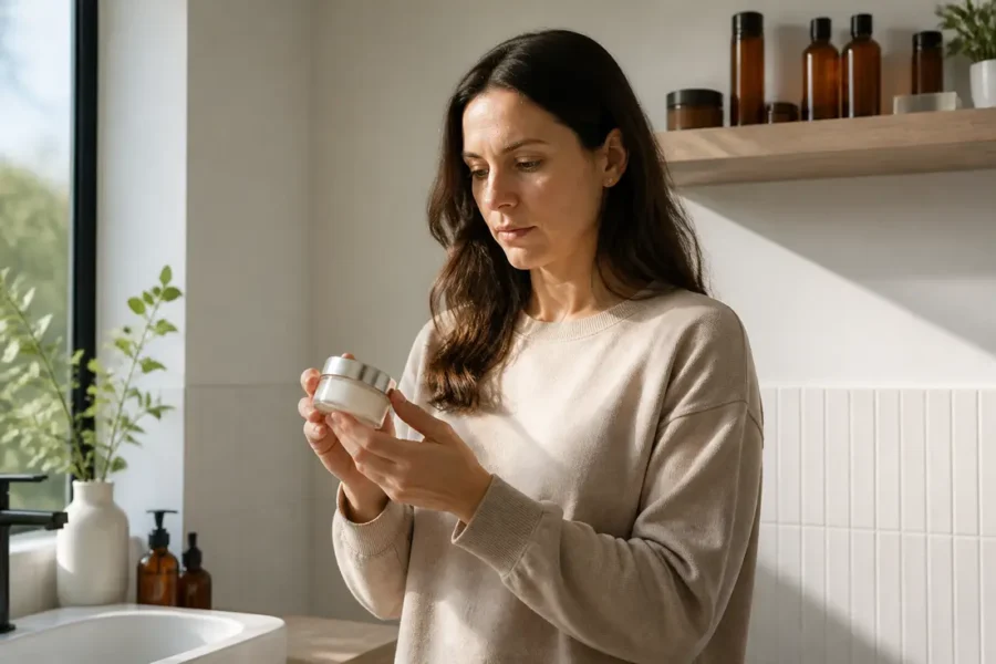Une femme en pull beige examine des avis produits Cutrins dans une salle de bain lumineuse