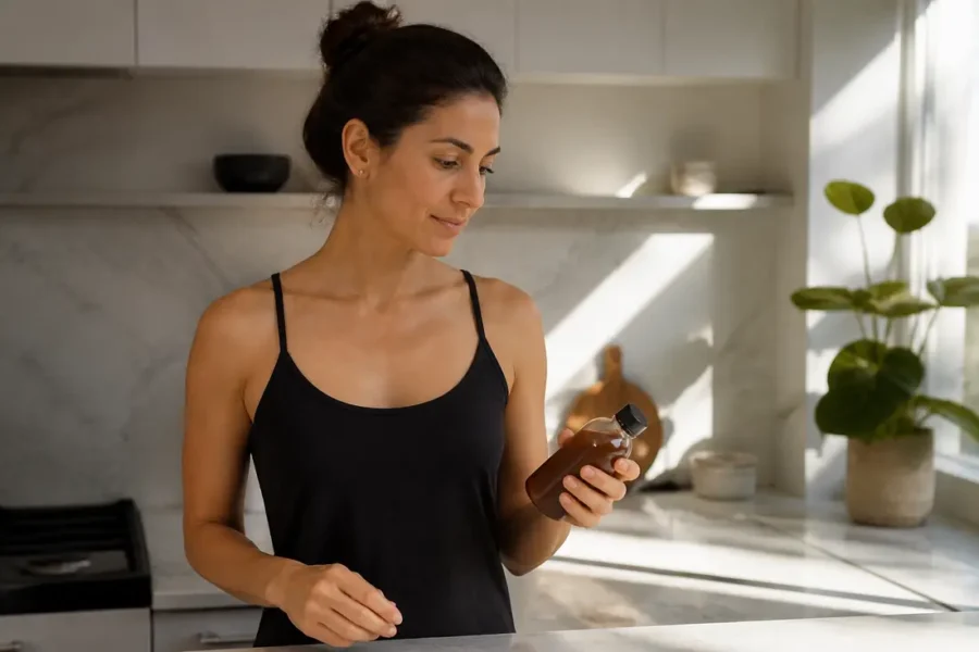 Une femme tient un flacon de complément alimentaire dans sa cuisine lumineuse pour présenter l'élixir 5 en 1 femme