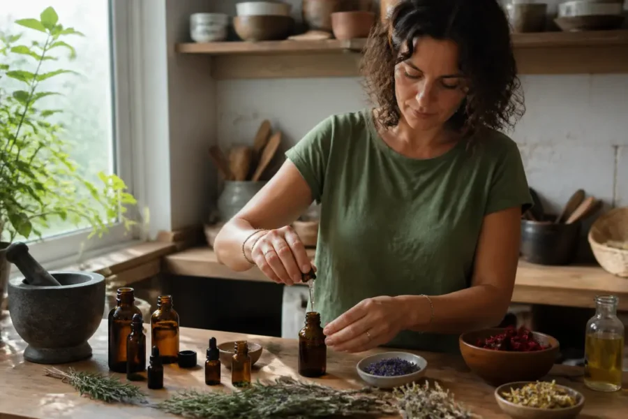 Un flacon en verre et des ingrédients naturels pour faire son huile massage gaulthérie dans une cuisine.