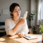 Une personne penchée sur un flacon pour décrypter liste INCI cosmétiques au calme chez elle.
