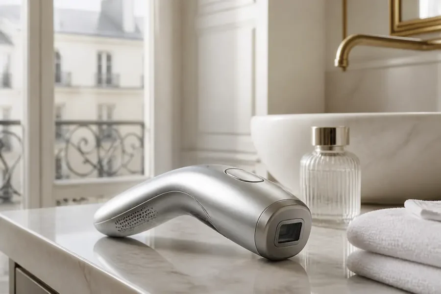 Un appareil cosmétique high-tech posé sur un meuble de salle de bain pour un lyma paris avis.