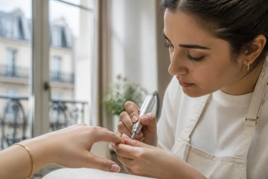 Gros plan sur une manucure russe avis réalisée par une technicienne qualifiée dans un salon parisien lumineux