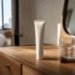 Flacon cosmétique posé sur une coiffeuse en bois avec un pinceau de maquillage, illustrant un Nuvaskin avis négatif.