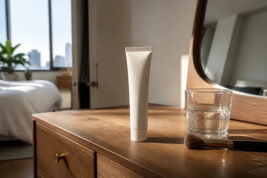 Flacon cosmétique posé sur une coiffeuse en bois avec un pinceau de maquillage, illustrant un Nuvaskin avis négatif.